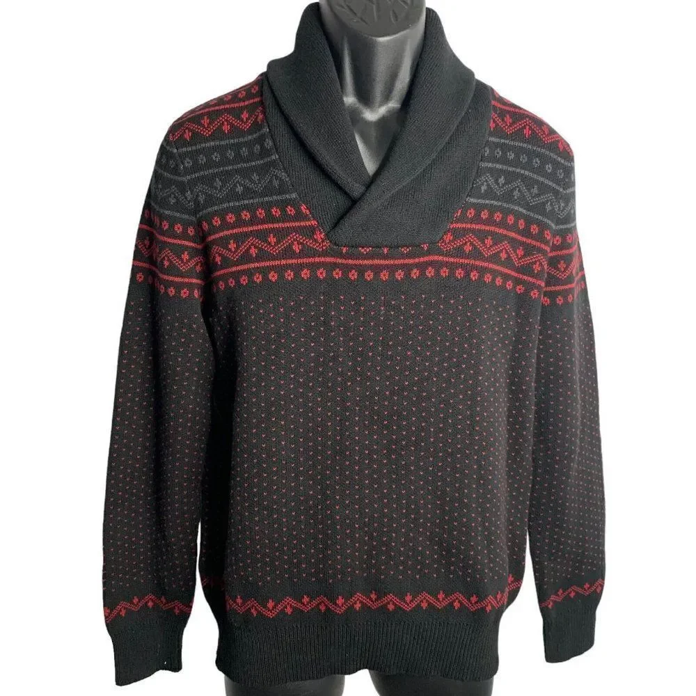 Nautica Shawl Collar Fair Isle Seaborne Sweater S Black Knit Pullover Rib Trim